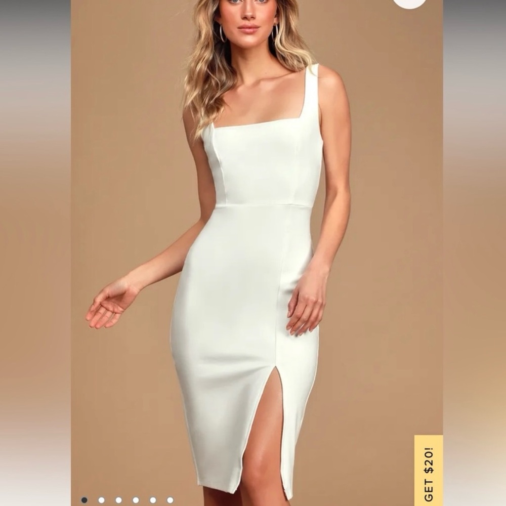 NWOT. Sz S. Lulu’s Square Neck White Midi Dress with Slit. Never Worn.